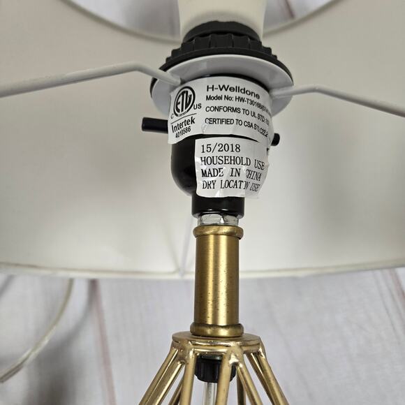 H-Welldone Gold Geometric Triangle Hexagon Caged Table Lamp White Canvas Shade - Picture 8 of 8